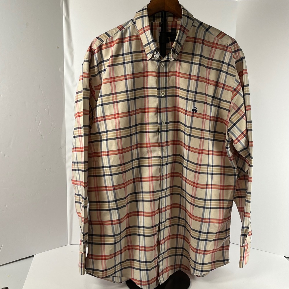 Brooks Brothers Madison Non-Iron Plaid Button Down Shirt Tan Blue Red Mens Large